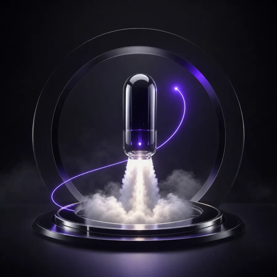 Film launch language represented by a rising violet capsule